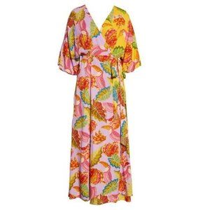 Farm Rio Flowy Tropical Print Wrap Maxi Dress NWT Small Lilac Bananas Birds